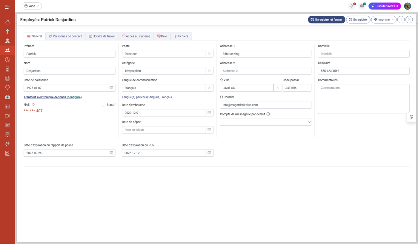 MaGarderie Plus Gestion des fiches d'employés